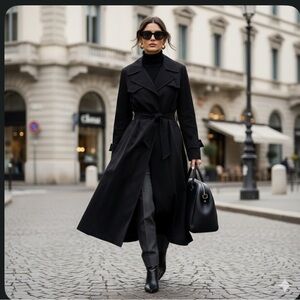 Fleet Street Ltd Women’s Classic Black Long Belted Trench Coat All Weather Sz 14